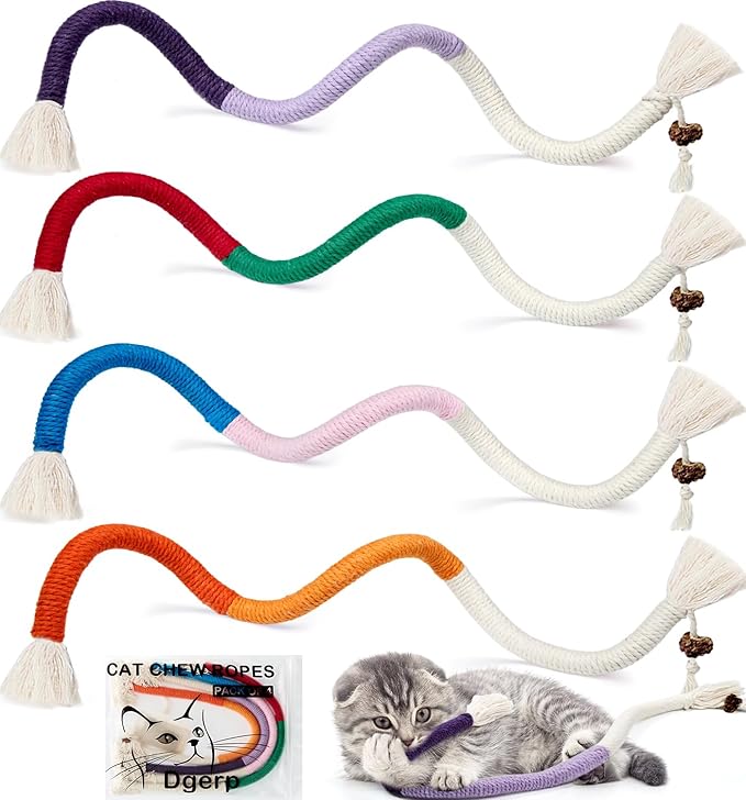 Dgerp Cat Chew Ropes 4Pcs, Cat Toys for Indoor Cats with Refillable Natural Catnip, Safe Teeth Cleaning Chew Toys, Interac...