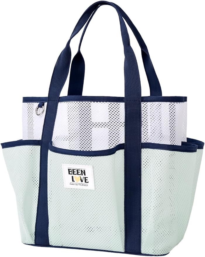 nemeki Mesh Beach Bag for Women Small Beach Tote Bag Sandproof Foldable Swim Pool Bag with 8 Pockets for Travel