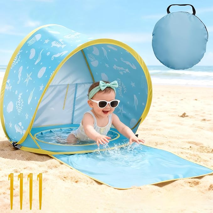 3-in-1 Baby Beach Tent, Pop-Up Baby Pool Tent with UPF 50+ Sun Protection, Portable Sun Shelter for Infants and Toddlers O...