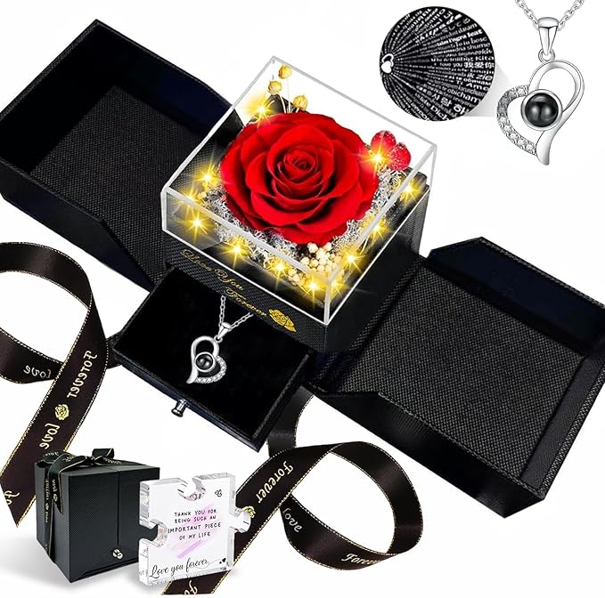 Megapuxin Preserved Real Rose with Heart Necklace for Her, I Love You Necklace 100 Languages Projection, for Mom Wife Girl...