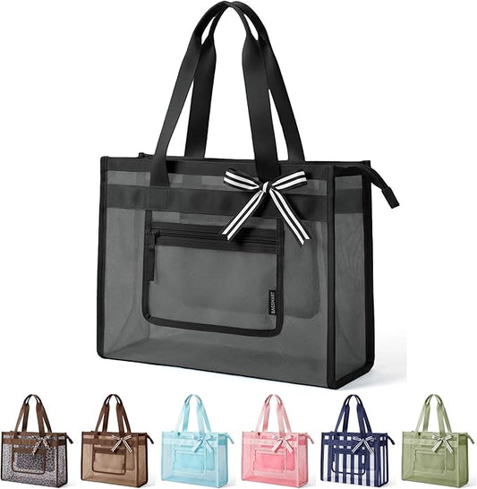BAGSMART Mesh Beach Bag with Zipper Pocket, Large Beach Tote Bags for Women | for 40 oz Bottle, Removable Ribbon Bow, Sand...