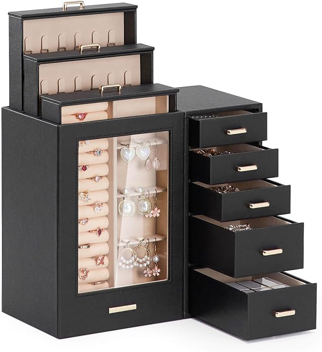 Homde Large Jewelry Box/Organizer/Case with Glass Window, Drawers for Necklaces Earrings Rings Bracelets Watches Gift for ...