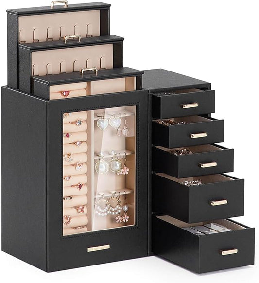 Homde Large Jewelry Box/Organizer/Case with Glass Window, Drawers for Necklaces Earrings Rings Bracelets Watches Gift for ...