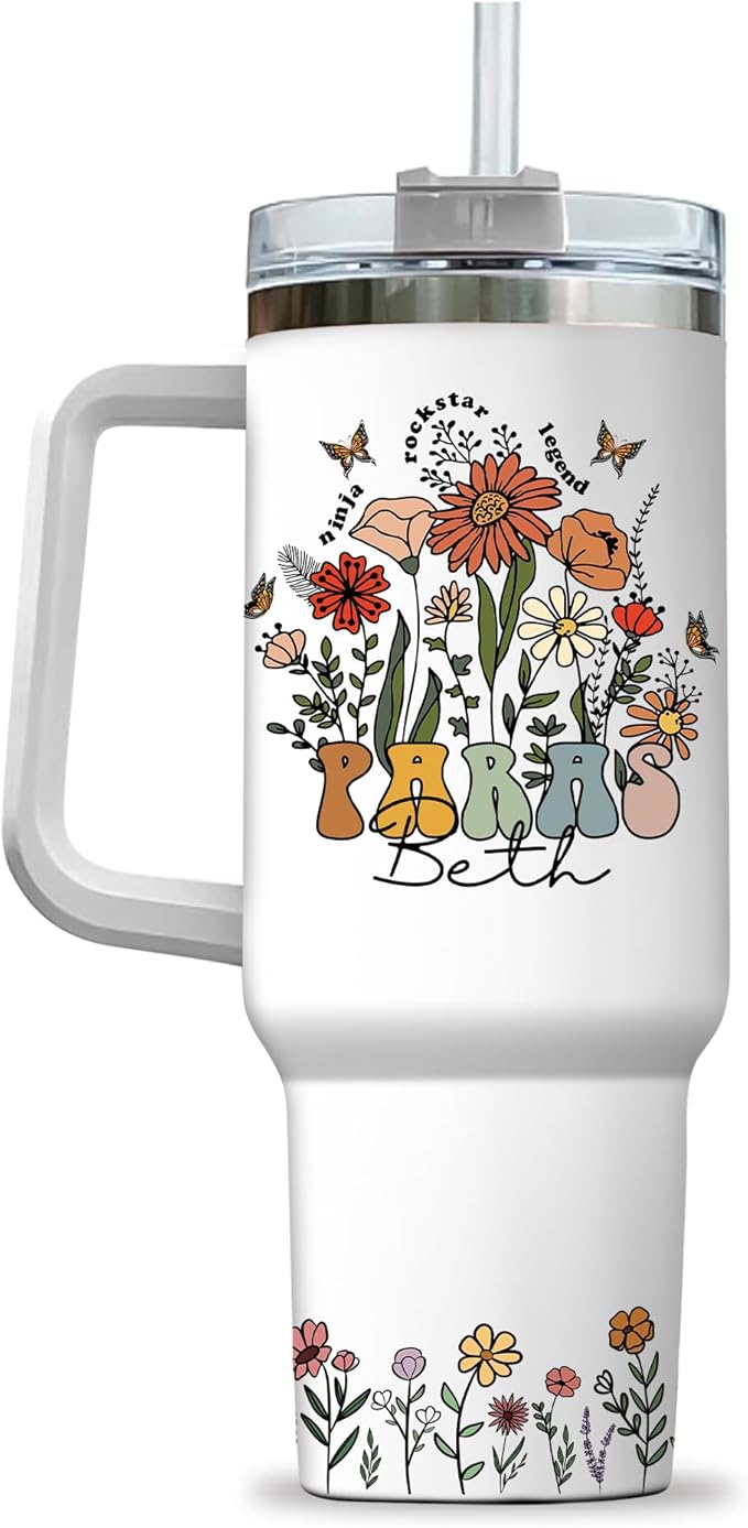 Personalized Para Tumbler with Handle, Custom Paraprofessional Floral Cup, Teacher Assistant Appreciation Gift, Back to Sc...