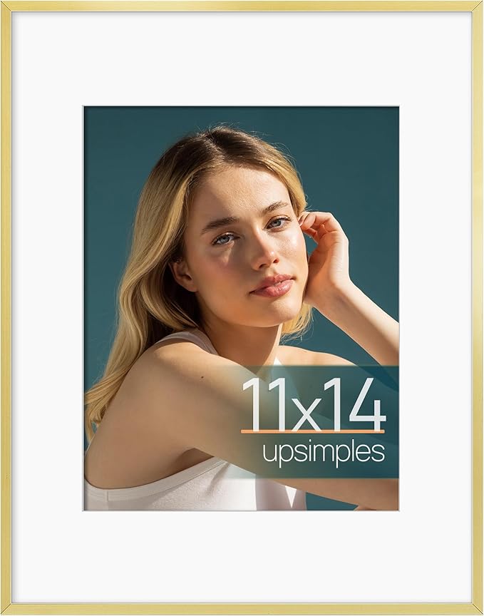upsimples Aluminum 11x14 Picture Frame Gold, Display Photo 8x10 with Mat or 11 x 14 without Mat, Wall Hanging Metal Poster...