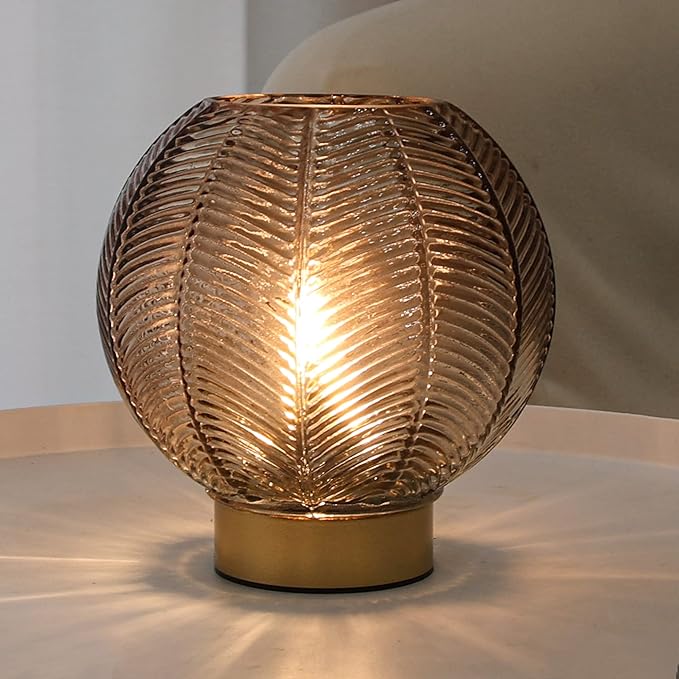 LUSHARBOR Battery Operated Lamp with Timer, Cordless Amber Glass Table Lamp, Battery Powered Small Lamps Decorative for Li...