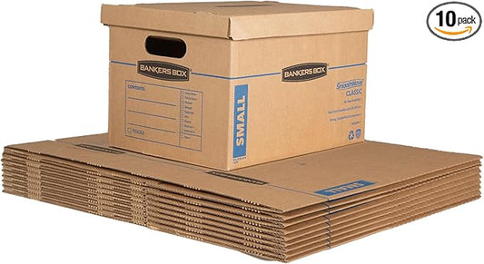 Bankers Box Small Classic Moving Box 10 Pack, Reinforced Handles, Tape-Free Assembly, Box with Lid, 15-In x 12-In x 10-In...