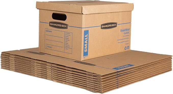 Bankers Box Small Classic Moving Box 10 Pack, Reinforced Handles, Tape-Free Assembly, Box with Lid, 15-In x 12-In x 10-In...
