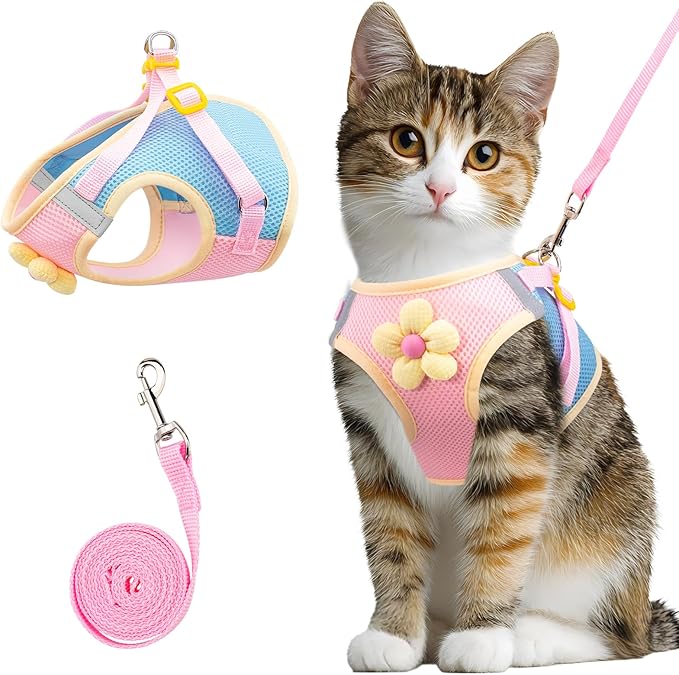 Cat Harness and Leash Set Escape Proof, Adjustable Cat Vest Harnesses Soft Kitten Harness Reflective Strips Jacket with Fl...