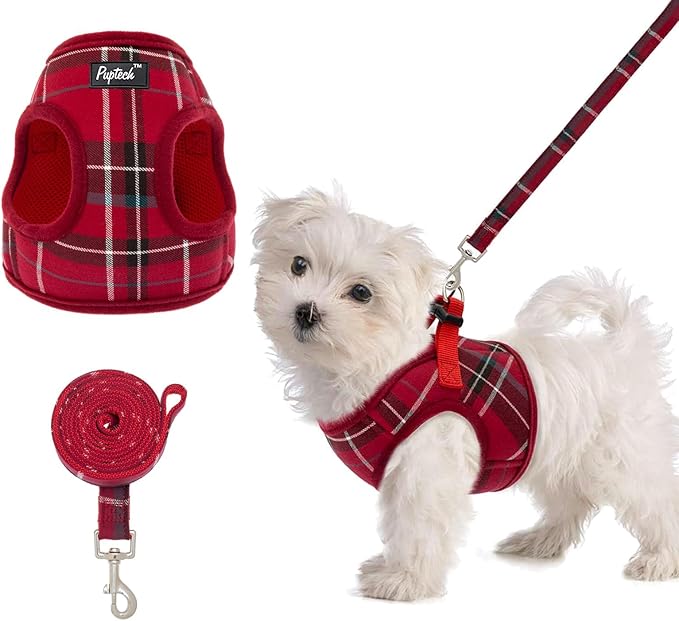 PUPTECK Soft Mesh Dog Harness and Leash Set Step-in Plaid Puppy Padded No Pull Vest Harness for XS Small Medium Sized Dogs...