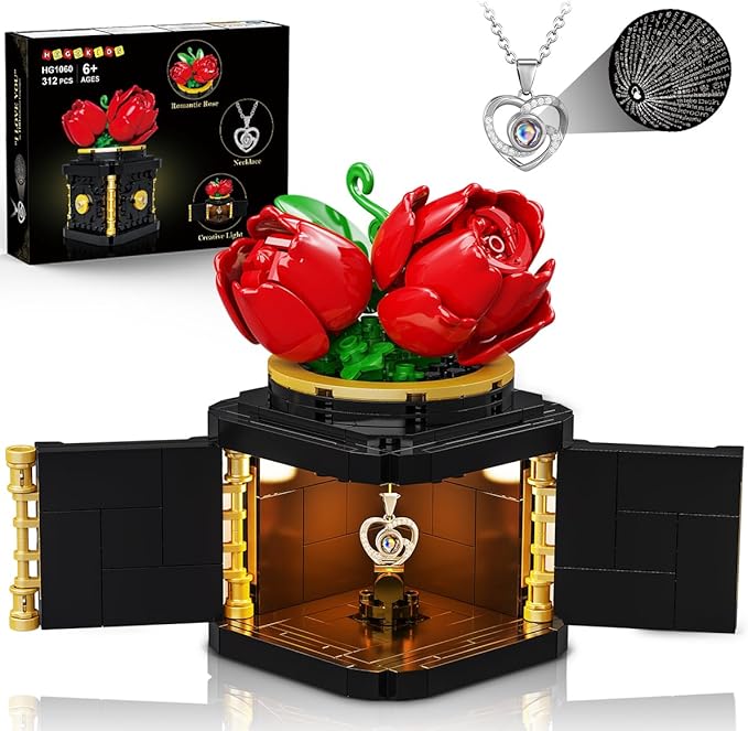 HOGOKIDS Flowers Box Building Set with LED & Necklace, for Mom/Wife, 312PCS Preserved Rose with Heart Necklace for Adults ...