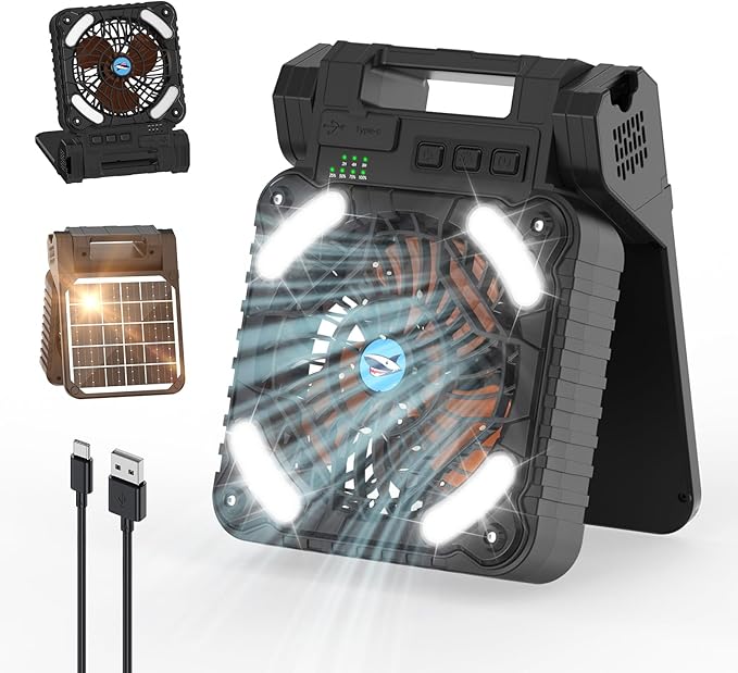 Smiling Shark Camping Fan with LED Lantern, USB Rechargeable Solar Camp Fan with 4 Speeds Powerful Wind & 3 Timer 90° Fold...
