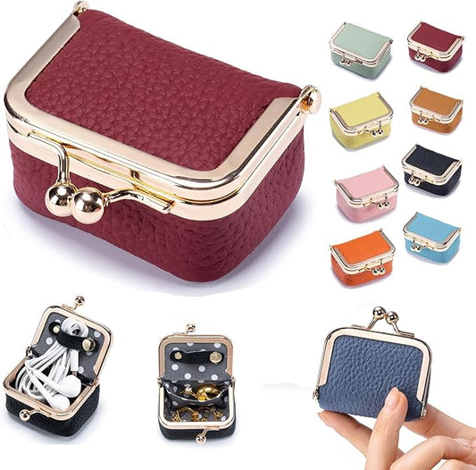KLESZZYD Genuine Leather Mini Jewelry Box & Coin Purse for Women, Travel Jewelry Case with Kiss Lock, Holds Earrings, Ring...