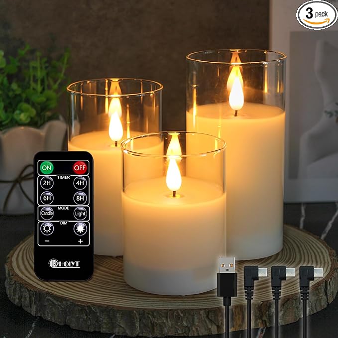 LEDHOLYT Rechargeable Flameless Glass Pillar Candles–Gifts for Women,–Set of 3, Realistic Flickering LED Light,Remote & Ti...