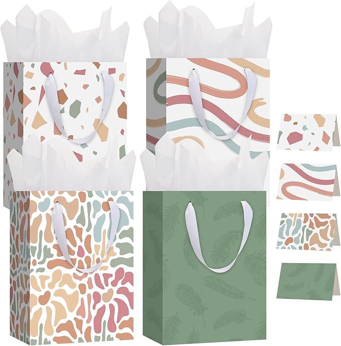 woric 10.6" Sage Green Flowers Gift Bags with Tissue Paper, 4 Medium Gift Bag with Greeting Cards for Mother's Day Birthda...
