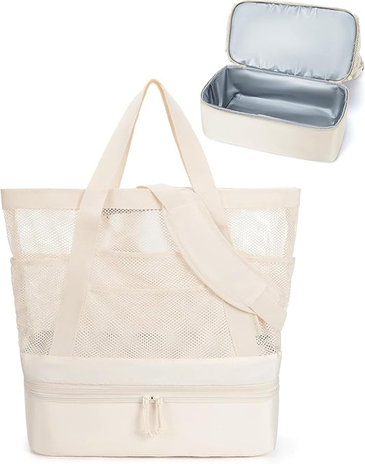BAGSMART Beach Bag for Women, Mesh Tote Bags with Zipper, Sandproof Vacation Essentials with Cooler for Swim Cruise Pool