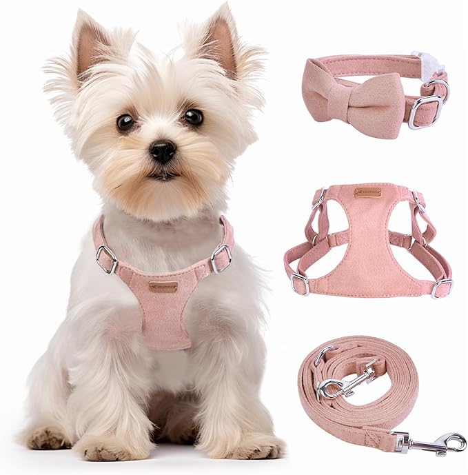 Dog Harness and Leash Set, XXS No Pull Adjustable Puppy Harness with Multifunction Pink Dog Leash and Dog Collar, Soft No ...