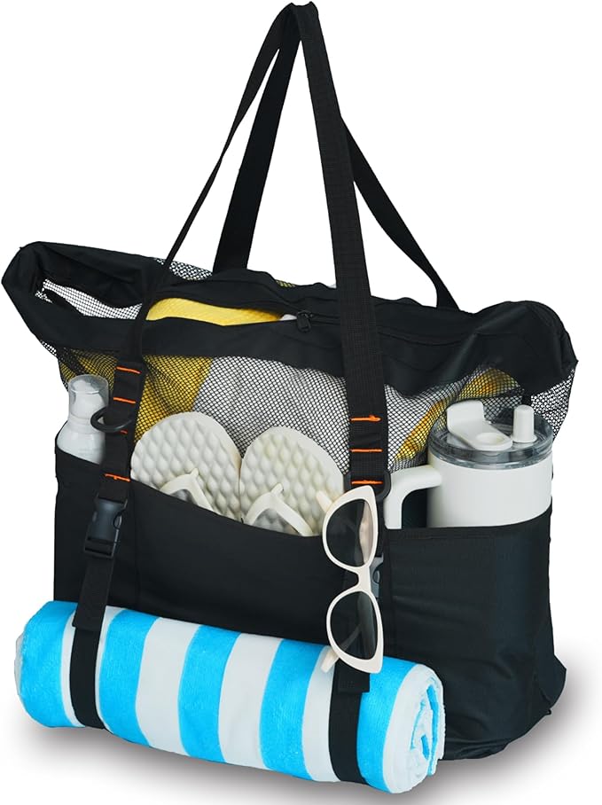 KOKKOYA 40L Large Black Mesh Beach Bag for Women Tote with Zipper Towel Holder Cruise Swim Pool 17 inch Length