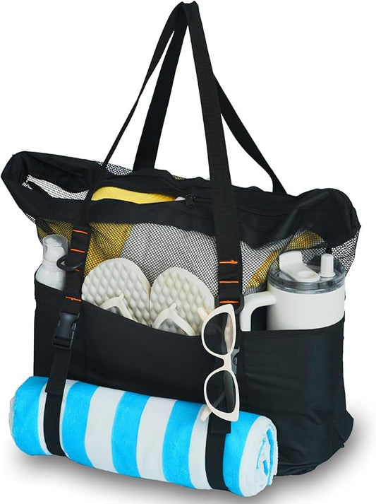 KOKKOYA 40L Large Black Mesh Beach Bag for Women Tote with Zipper Towel Holder Cruise Swim Pool 17 inch Length