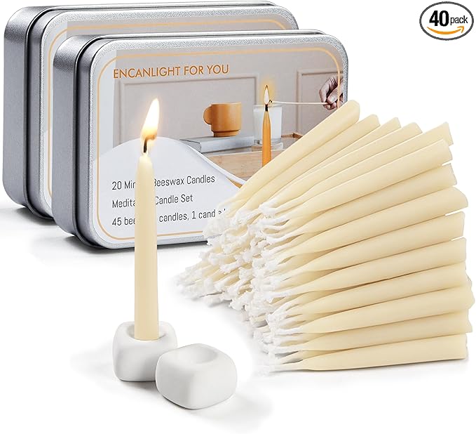 Meditation Beeswax Candles 40Pcs, 20 Minute Mini Candles Set, 2.6 Inch Small Bees Wax Taper Candles - Smokeless, Dripless ...