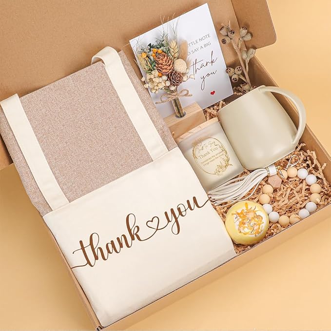 Thank You Gift for Women ,Appreciation Gift Set with Canvas Tote Bag, Ceramic Mug, Scented Candle, Bath Bomb, Dried Flower...