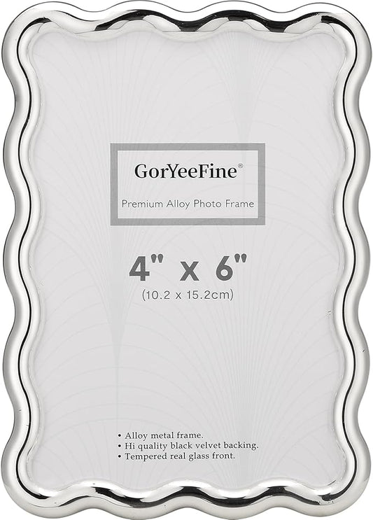 GorYeeFine 4x6'' Silver Heavy Duty Photo Frame,Wave Design High-End Zinc Alloy Picture Frames 6x4'',Fashionable Style fram...