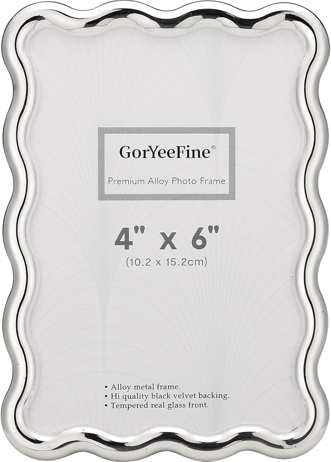 GorYeeFine 4x6'' Silver Heavy Duty Photo Frame,Wave Design High-End Zinc Alloy Picture Frames 6x4'',Fashionable Style fram...