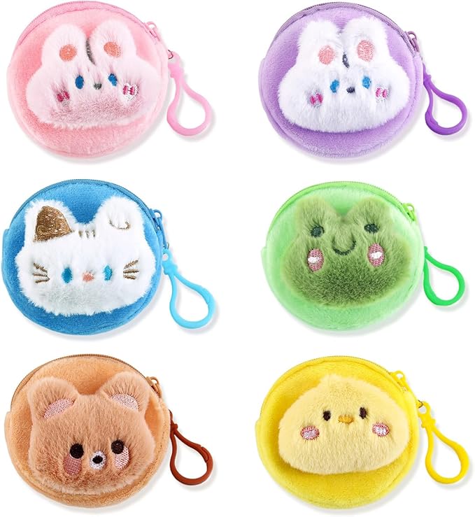 Nefokfdus 6 Pcs Cute Coin Purse for Girls Women,Kawaii Animal Mini Pouch Wallet,Plush Bag Charms Backpack Gifts Accessories