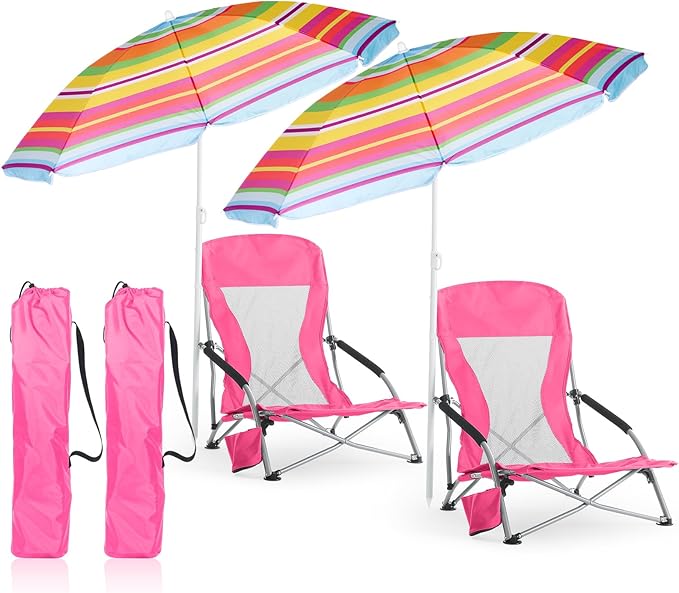 Huwena 2 Pack Beach Chairs with Umbrella for Adults, Low Folding Chair Set, Adjustable Detachable Umbrella, Lightweight Po...
