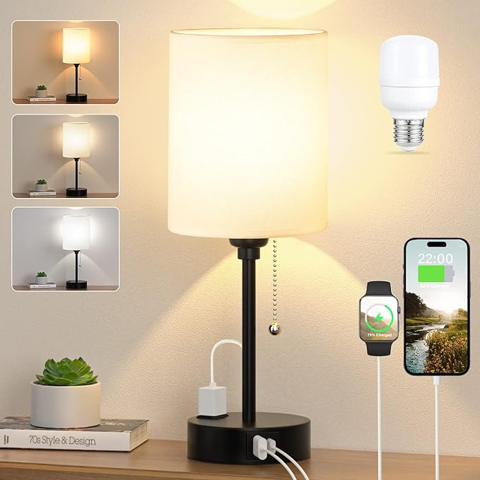 Small Bedside Table lamp for Bedroom - 3 Color Temperatures Bedside Lamps with USB C and A Ports, Pull Chain Table Lamps w...