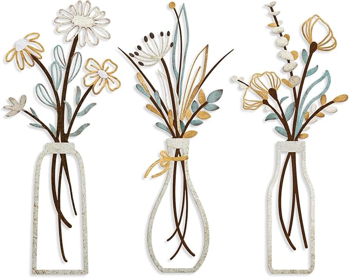 Pigort 3 Pieces Metal Flowers Wall Art- Rustic Farmhouse Decor Minimalist Decor for Living Room Bathroom Bedroom Dining Ro...