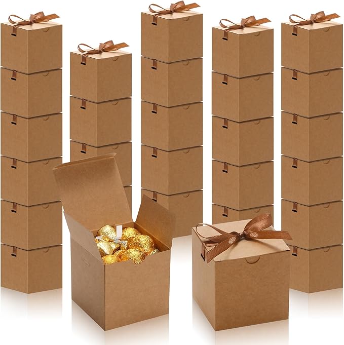 DOYIDE Small Gift Boxes, 60 Pcs 4x4x4 Inch Brown Elegant Paper Box with Ribbons, Party Favor Boxes for Candy Cupcake Chris...