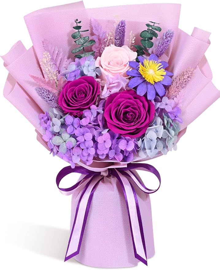 Yastouay Preserved Flowers for Delivery, Last 1-3 Years Flowers Bouquet, Purple Rose Forever Flowers with Gifts Box, Birth...