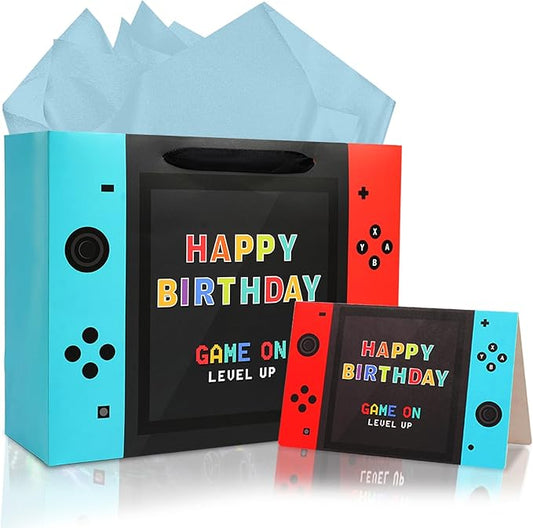 JOARHONAL Video Game Birthday Gift Bag - 13" Large Happy Birthday Gift Bag with Tissue Paper and Card for Boys Kids Video ...
