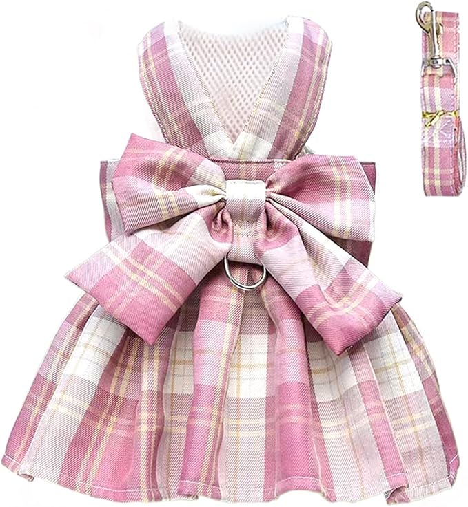PETCARE Plaid Dog Dress Bow Tie Harness Leash Set for Small Dogs Cats Girl Cute Princess Dog Dresses Spring Summer Puppy B...