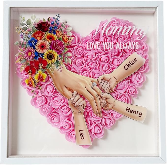 Personalized Flower Shadow Box with Name, Custom Mom & Kids Holding Hands Frame with Ring & Nail Design, Multiple Skin Ton...