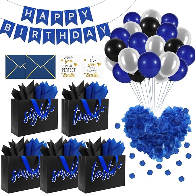 Epoesch 5 Senses Gift Bags for Him with Labels & Tissue Paper | Happy Birthday Decorations Kit with Banner, Balloons, Rose...