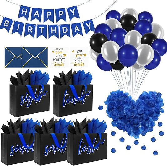 Epoesch 5 Senses Gift Bags for Him with Labels & Tissue Paper | Happy Birthday Decorations Kit with Banner, Balloons, Rose...