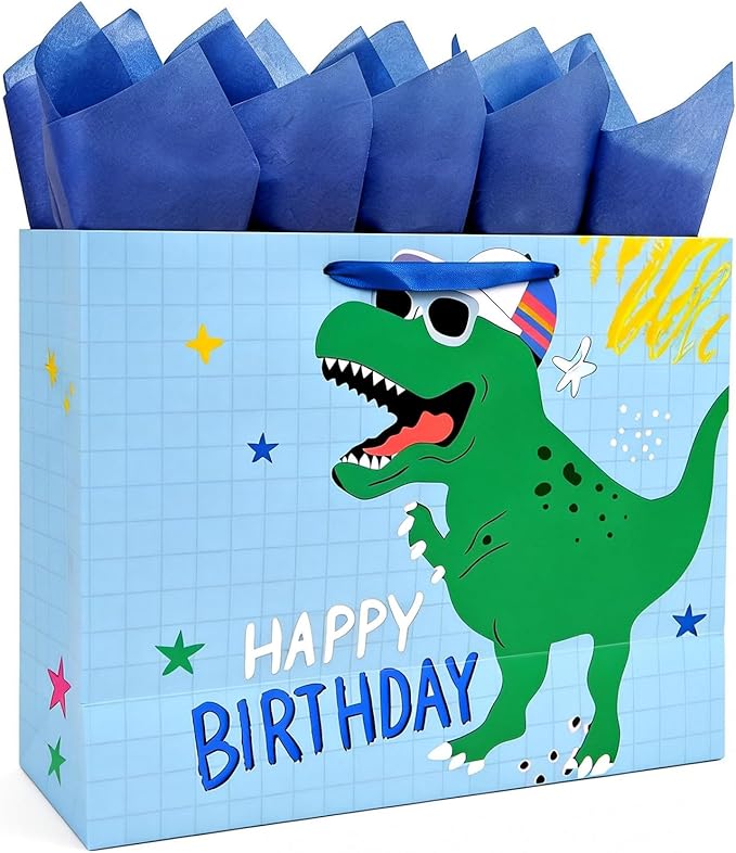 Joliloly 13" Happy Birthday Gift Bag, Dinosaur Print Sturdy Thick Paper Bag for Kids, Reusable Birthday Present Bag with T...