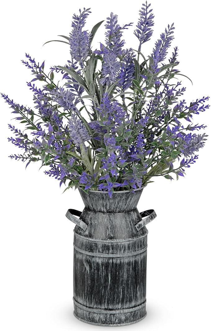 Artificial Lavender Flowers with Rustic Metal Vase 17 Inch Faux Lavender Plant Arrangement in Galvanized Planter Vintage F...