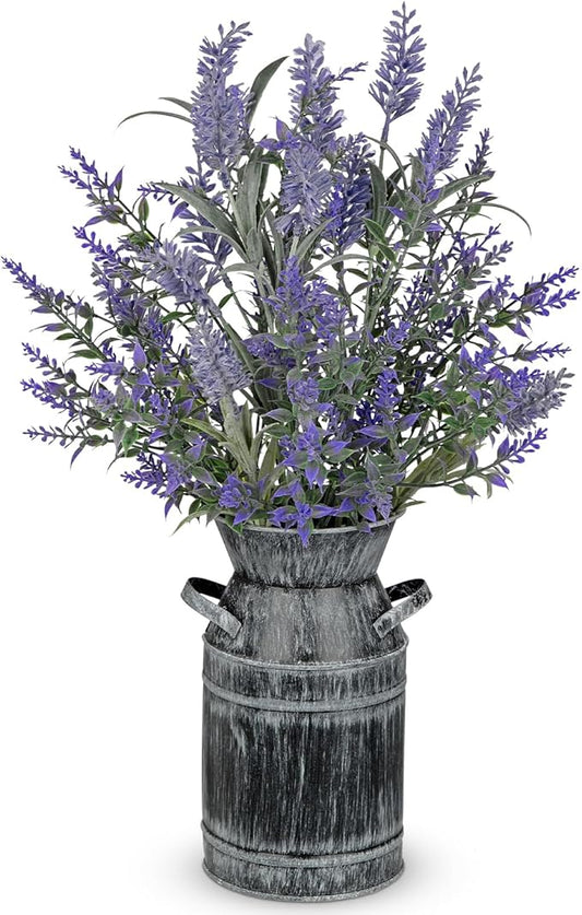 Artificial Lavender Flowers with Rustic Metal Vase 17 Inch Faux Lavender Plant Arrangement in Galvanized Planter Vintage F...