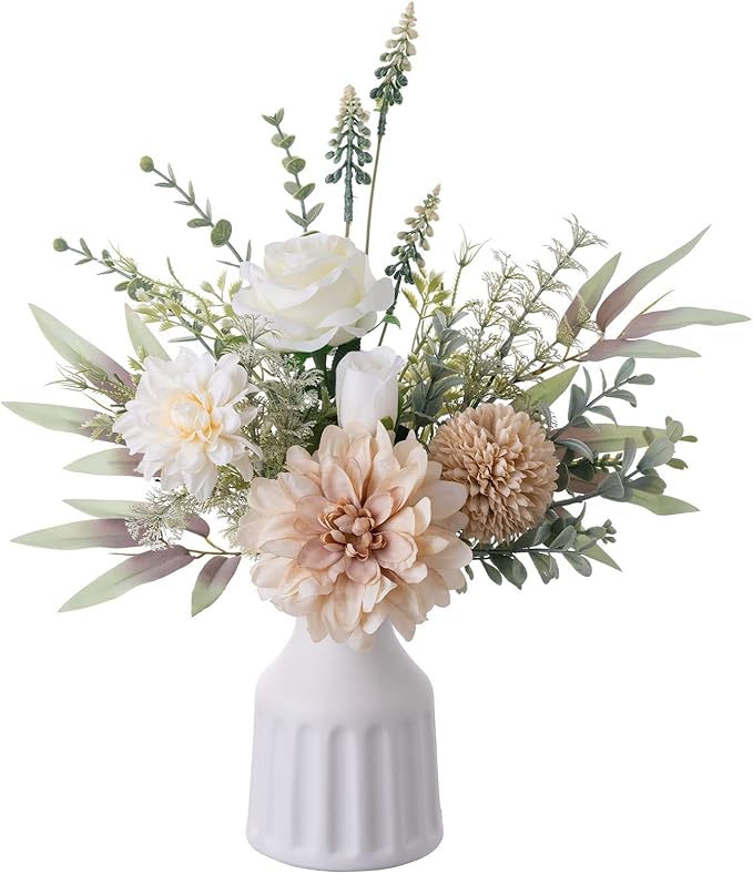 Fake Flowers in Vase, Artificial Flowers with Vase, 15.7'' Floral Arrangements for Dining Table Centerpiece Decor, Silk Ro...
