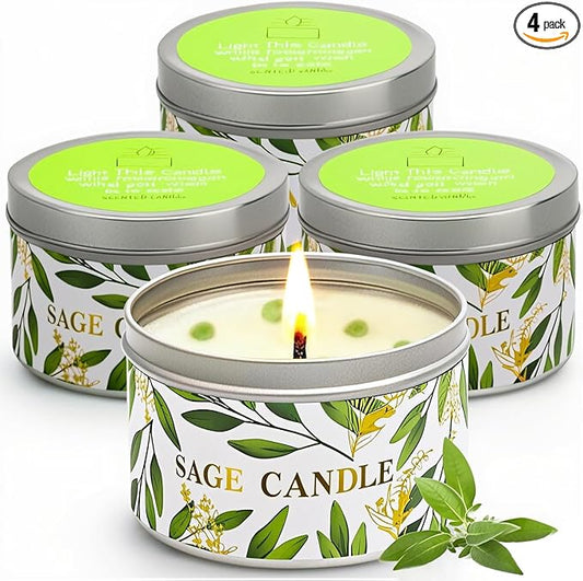 Sage Candle Gift Set, 4 Pack Natural Soy Wax White Sage Smudge Kit with Healing Crystals for House Cleansing Negative Ener...