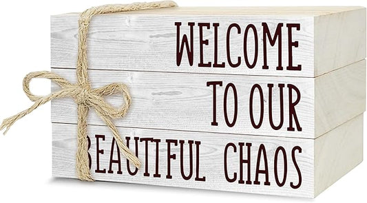 Decorative Books For Home Decor, Rustic Wood Book Stack For Table Decor, Welcome To Our Beautiful Chaos Decor Books For Li...