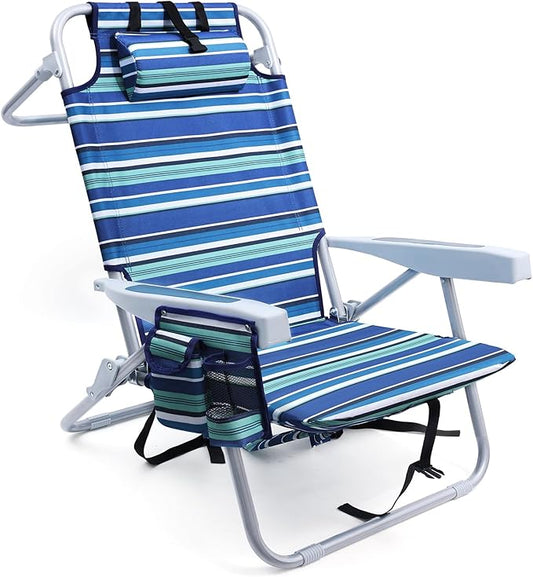 Yestomo Beach Chairs for Adults Heavy Duty, Compact Portable Lay Flat Folding Chair with Backpack Straps and Large Cooler ...