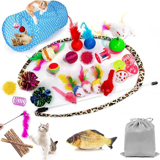 AILUKI 35 PCS Cat Toys Kitten Toys Assortments,Variety Catnip Toy Set Including 2 Way Tunnel,Cat Feather Teaser,Catnip Fis...
