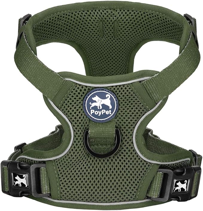 PoyPet Reflective Soft Breathable Mesh Dog Harness Choke-Free Double Padded Vest with Adjustable Neck and Chest(Military G...
