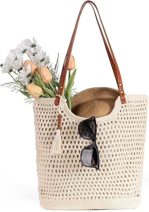 Women's Crochet Beach Tote Bag - Summer Boho Knit Woven Hollow Mesh Tote Bag with Zipper Pocket for Travel Vacation Beach ...