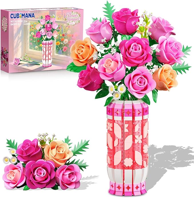 CUBIMANA Romantic Pink Roses Bouquet Building Set with Vase & LED Light- Gifts for Mothers Day - 3.6MM Mini Flowers Buildi...