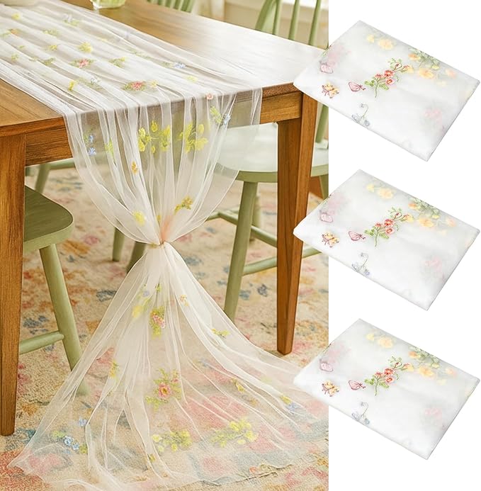 Lounsweer 3 Pcs Wildflower Table Runner 10ft/ 29 Inch x 120 Inch White Embroidery Wildflower Spring Summer Tulle Lace Runn...